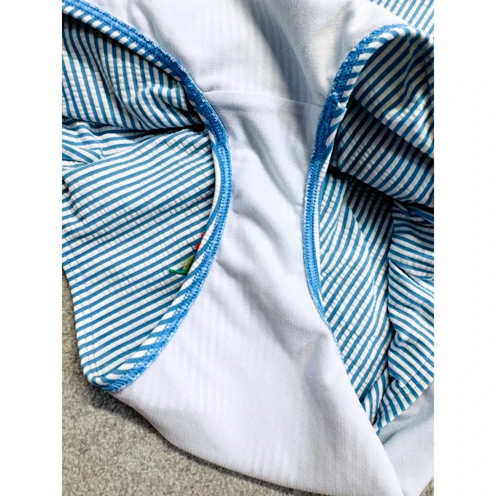 Boden Girl 11-12Y Blue White Stripe One Piece Swimsuit Embroidered Floral Halter